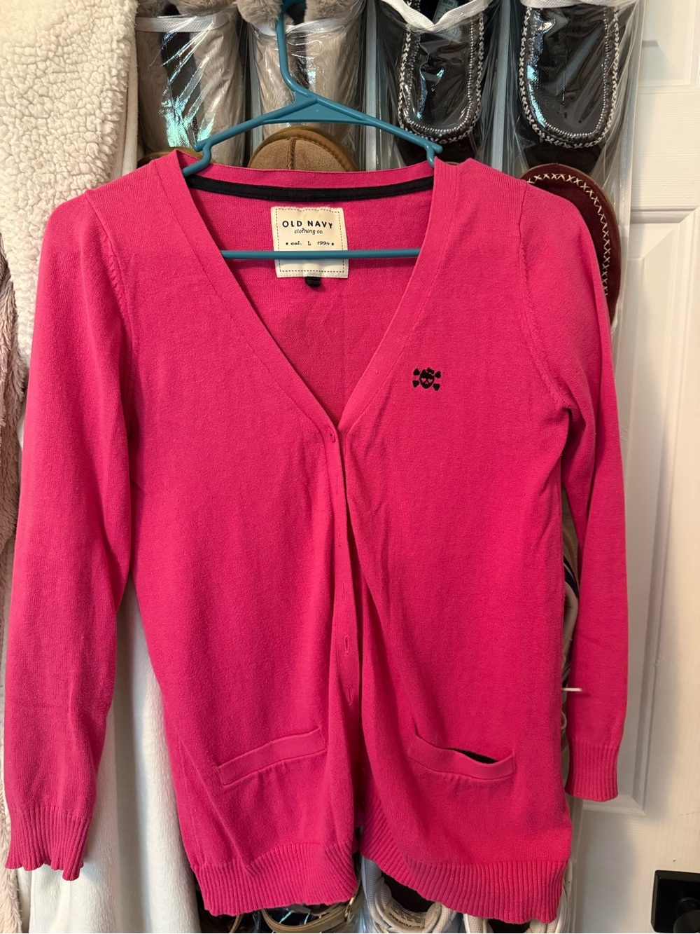 Old Navy Women's Hot Pink V-Neck Cardigan with Chest Logo